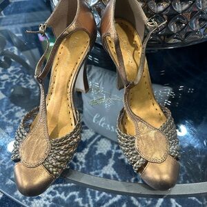 BCBGirls Metallic Bronze Braided T-Strap Heels